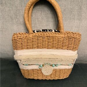 Straw Small Bag with Pearl & Turquoise Accents - Natural
